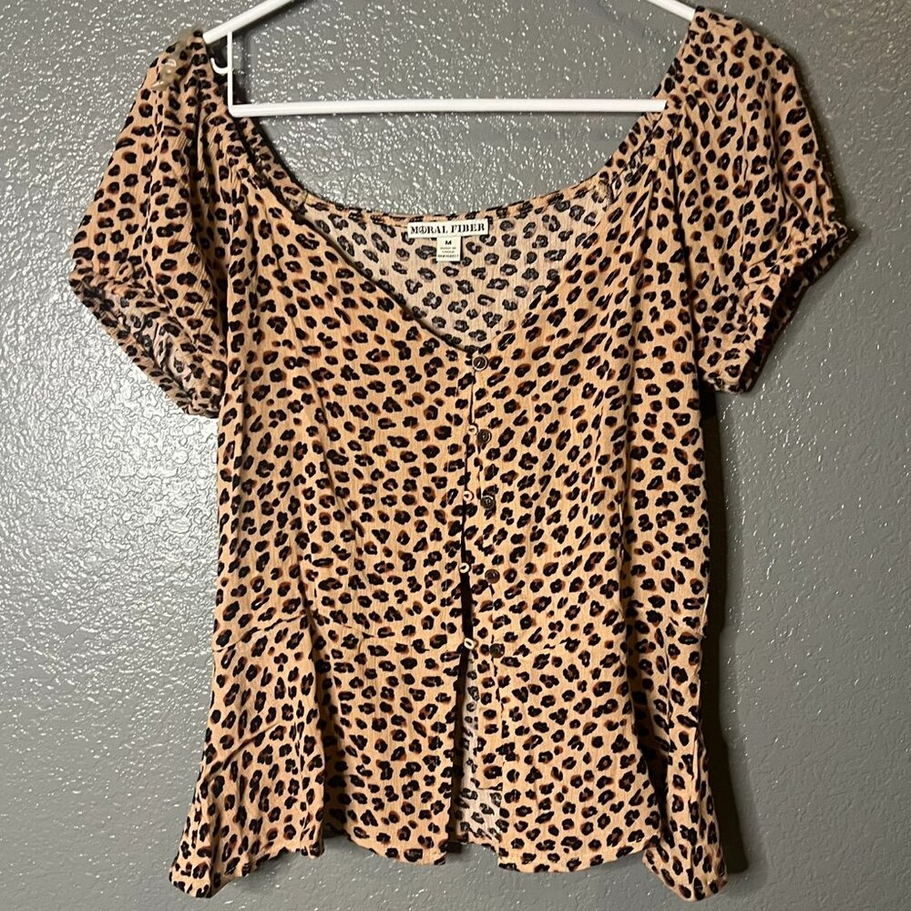 Moral Fiber Leopard Print Button-Front Top, Size Medium